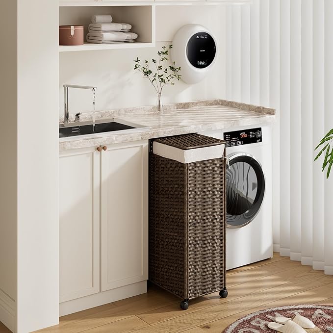 Rolling Laundry Hamper with Wheels and Lid, 90L Slim Laundry Basket with Removable Bag, Foldable Handwoven Rattan Laundry Sorter, Narrow Dirty Clothes Basket Organizer, No Assembly, Vintage