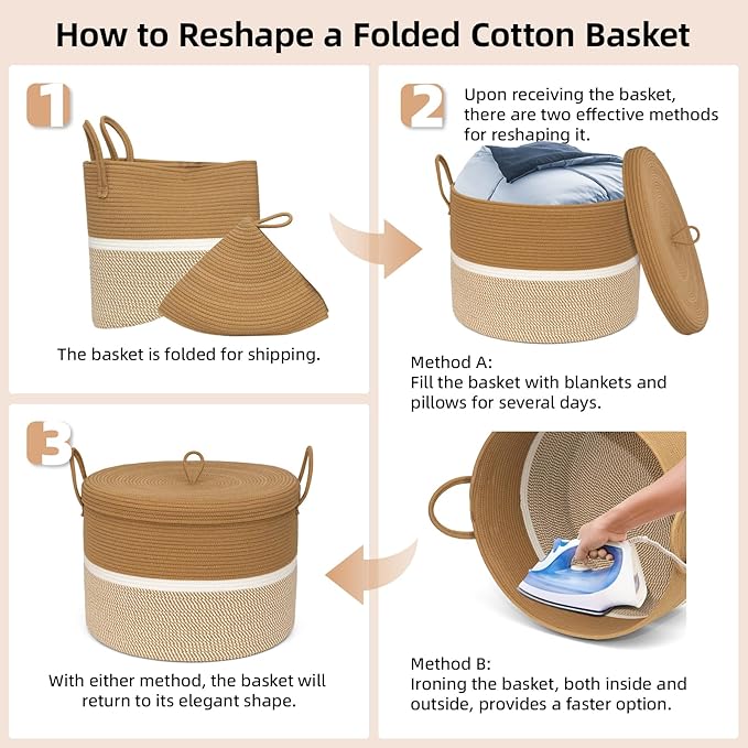 Laundry Basket with Lid, Woven Cotton Rope Laundry Hamper Foldable Storage Organizer Bin Blanket Basket for Comforter, Cushions, Clothes, Pillows, 20.5x20.5x15 Inch, Camel/White