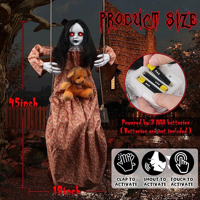 3.75 Ft Scary Halloween Decorations Outdoor, Halloween Hanging Swinging Girl with Sound & Touch Activated/Creepy Sound/Light Up Eyes/Scary Expression, Halloween Decor Props for Indoor Outside