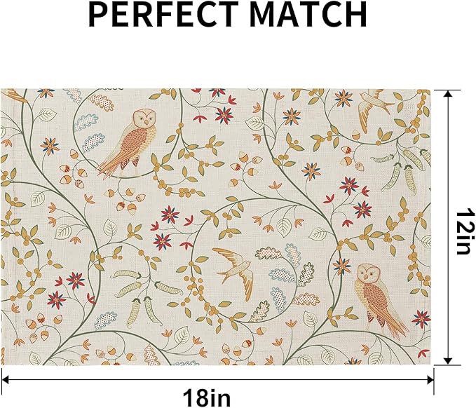 QIYI Boho Placemats Set of 6, 12x18 Inch Linen Fabric Place Mats for Kitchen Dinning, Farmhouse Rustic Floral Cloth Table Mats, Washable Placemat Folk Art Party Table Décor, Forest Birds