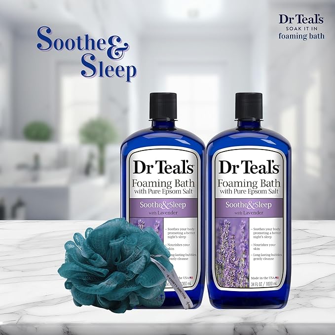 Dr. Teal's Lavender Foaming Bath 34 oz (Pack of 2) with Variety Junction Premium Bath and Shower Sponge, Soothing & Relaxing, Bubble Bath, Soaking Bath, Men's and Women's