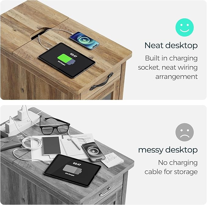 LINSY HOME Farmhouse End Table with Charging Station, Narrow Side Table for Living Room, Sofa Side Table with Drawer and Storage Cabinet, Small Nightstand for Home Office