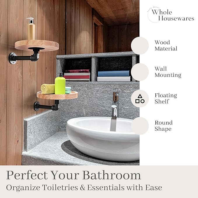 WHOLE HOUSEWARES Pipe Shelf with Round Floating Shelves - Set of 2 | Rustic Industrial Style with Metal Pipe Brackets | 7.1 x 3.3 Inches | Stylish Wall-Mounted Storage for Home Decor