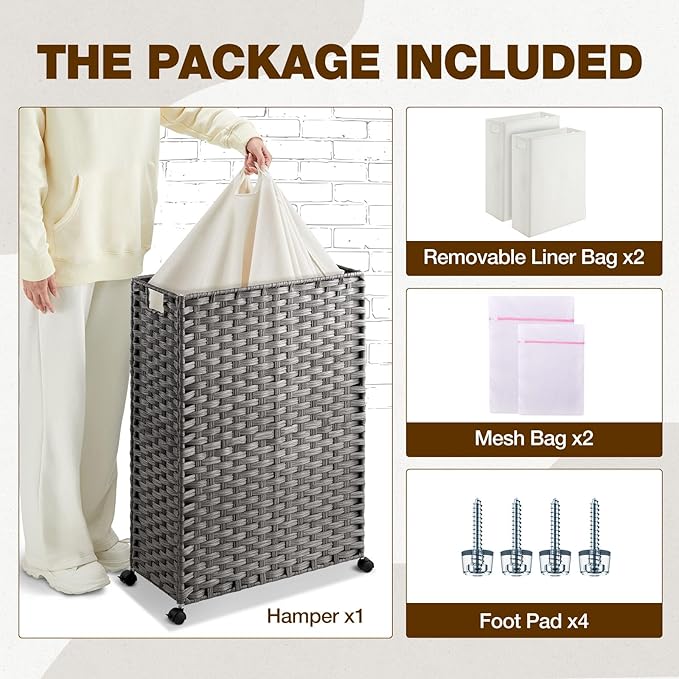 Greenstell Laundry Hamper with Wheels & Handles, 26.4 Gallon (100L) Slim Laundry Basket with 2 Removable Liner Bags & 2 Mesh Bags, Foldable Narrow Clothes Hamper for Bedroom, Bathroom, Closet, Grey