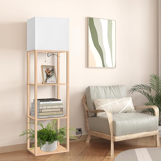 Dott Arts Floor Lamp with Shelves, Wide Floor Lamps for Living Room Display Shelf Lamps with 3 Color LED Bulb,Storage Wood Modern Floor Lamp for Bedroom Standing Lamp for Living Room Office(Burlywood)