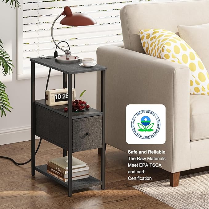 TUTOTAK Small Narrow End Table with Charging Station, Set of 2, Side Table with Outlets, Nightstand with Cloth Drawer, Couch Table, for Living Room, Bedroom, Bedside, Charcoal Grey TB01BY058