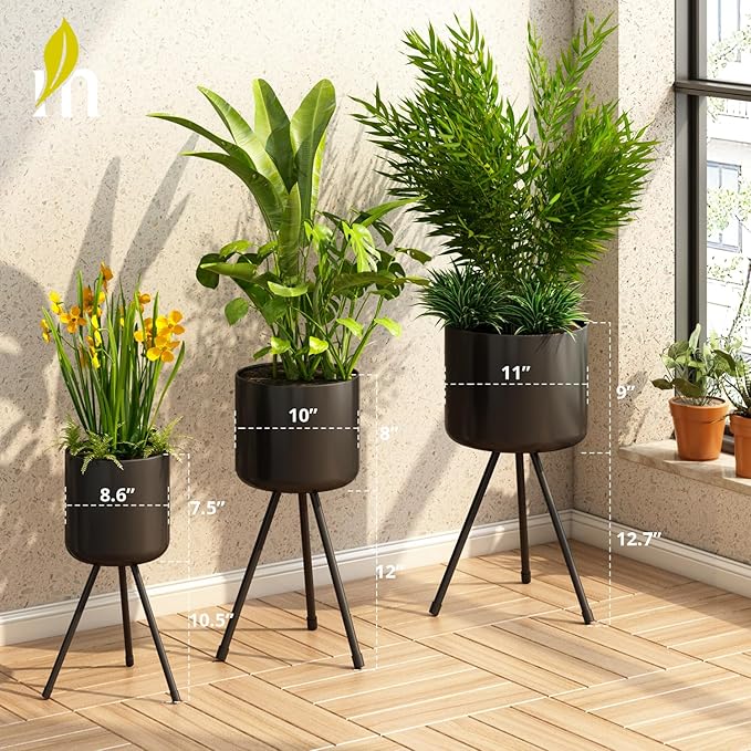 Mid-Century Metal Flowerpot with Stands, Black Stylish Modern Floor-Standing Flowerpot,Suitable for Orchid, Aloe Indoor Outdoor Decoration 8.5'' Wide 18'' high