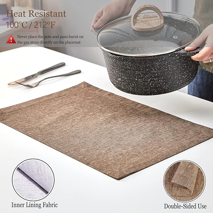 Mebakuk Cloth Placemats, Machine Washable Linen Style Thick Place Mats, Heat Resistant and Easy to Clean Fabric Table Mats for Kitchen Dining Table (Flaxen, Set of 6)