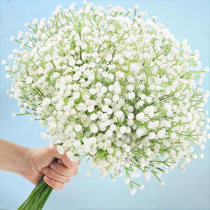 N&T NIETING Babys Breath Artificial Flowers Bulk, 15Pcs Fake Gypsophila Bouquet Flowers Real Touch Faux Babies Breath Arrangement for Wedding Floral Party Home Centerpieces Vase Decoration, White