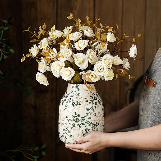 Green and Beige Vintage Vase, Chinoiserie Floral Vase, Rustic Ceramic Large Vases for Home Decors, Living Room, Bookshelf, Office, Grand Millennial Decor, Chinoiserie Decors, Tuscan Decor 7.8 Inch