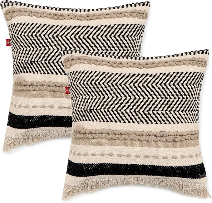 REDEARTH · Handmade Boho Throw Pillow Covers - Bohemian Chic Farmhouse Style - Accent Woven Indoor and Outdoor Pillow Cushion Cases for Couch, Bed, Chair, Sofa, Bench – Set of 2-18"x18" - Natural