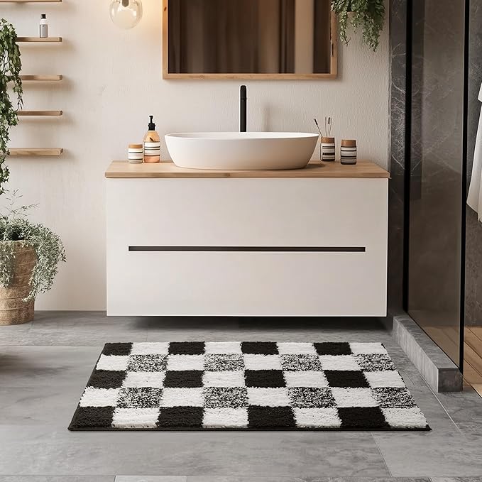 GRANNY SAYS Checkered Black Bathroom Rugs, 24" x 16", Non-Slip Bath Mats for Bathroom, Plush Shag Absorbent Microfiber Ultra Soft Bath Mat, Cute Washable Rug for Tub, Shower, Bedroom