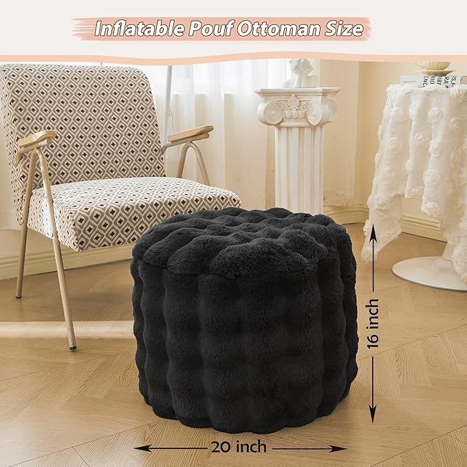 LIFEREVO Luxury Faux Rabbit Fur Round Inflatable Pouf Ottoman, 20 X 16 Fluffy Waffle Bubble Floor Poufs Foot Stool Rest Living Room Bedroom, Furry Pouf Ottoman Chair Seat Home Decor, Anti-Slip, Black