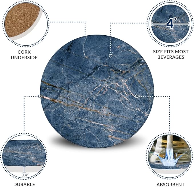Emerson Coasters for Drinks Absorbent – Natural Stone Drink Coasters Set with Holder, Coasters for Coffee Table, Wooden Tabletop Protection Marble Style – 100% Heavy Duty Set of 6 (Ocean)