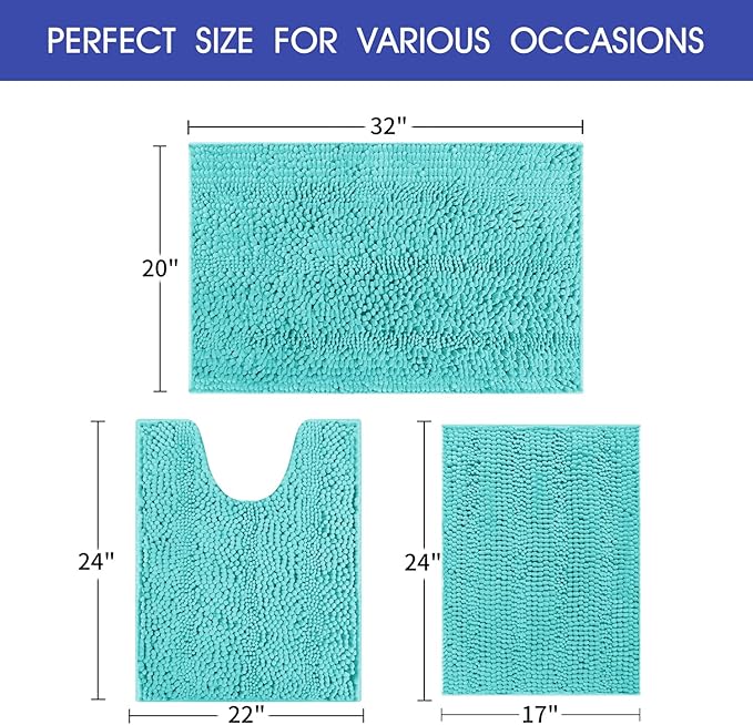 ACCUMTEK Striped Teal Green Bathroom Rug Set 3 Pieces Ultra Soft, Non Slip Chenille Toilet Mat, Absorbent Plush Shaggy Bath Mats for Bathroom, Bedroom, Kitchen, Turquoise