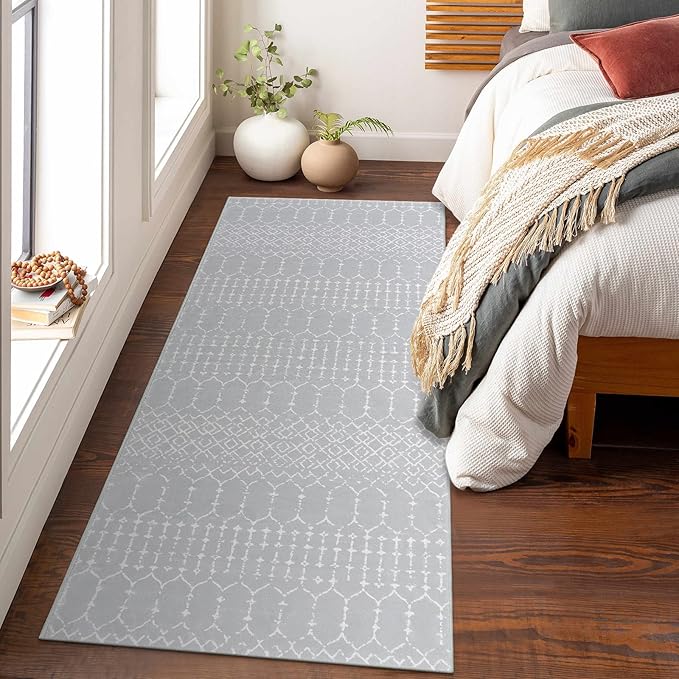 Lahome Moroccan Runners for Hallways 2x6 Washable Non-Slip Carpet Runner Throw Ultra-Thin Kitchen Bedroom Rugs Grey Distressed Print Rug Entrance Bathroom Laundry Room Living Grey/White 2' x 6'