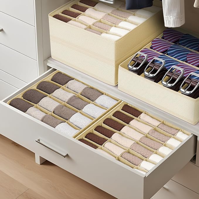 Joyoldelf Sock Drawer Organizer Divider 2 Packs Underwear Organizer, 24 Cell + 16 Cell Closet Organizers and Storage Sock Holders Organizers for Storing Socks, Handkerchiefs, Ties, Belts (Beige)