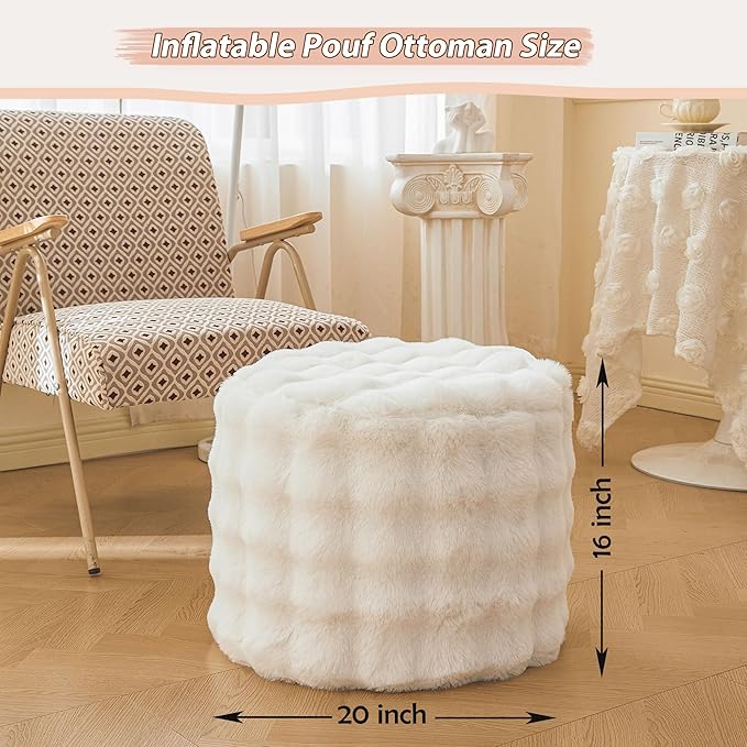 LIFEREVO Faux Rabbit Fur Round Inflatable Pouf Ottoman, 20 X 16 Waffle Bubble Fluffy Fuzzy Floor Poufs Foot Rest for Adults Kids Girls, Furry Pouf Chair Foot Stool Couch Home Decor, Anti-Slip, Beige