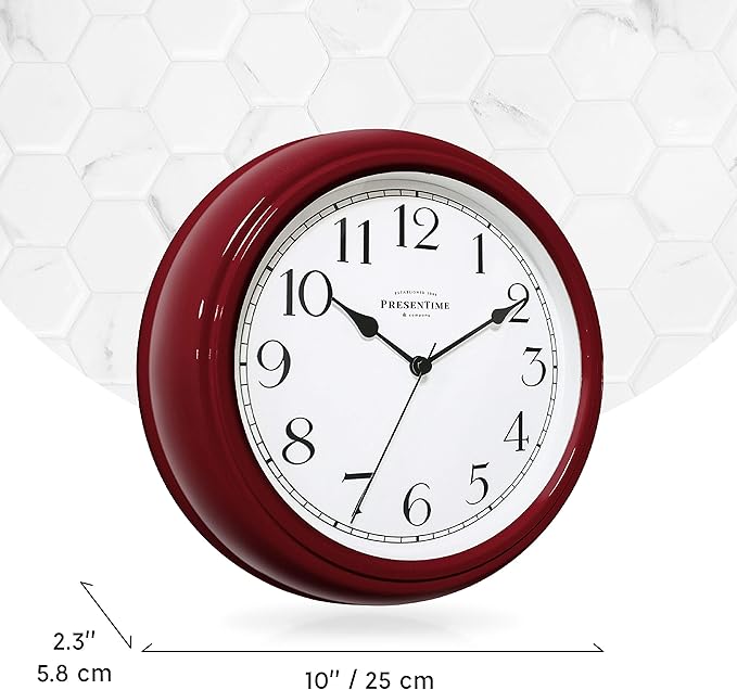 Presentime & Co Chic Home Collection 10" Molly Clock, Silent No Ticking, Red Color. Modern Decorative Wall Clock for Kitchen, Kid's Room, Bathroom, Bedroom, and Office