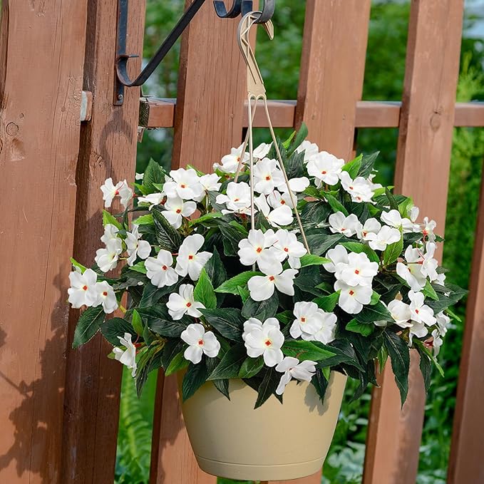 Uqueeten15.7” Spring Decorations For Home Fake Plants Fake Flowers White Flowers Artificial Impatiens Bouquet Flowers For Outdoors Silk Faux Flowers Impatiens Plants Decor Indoor Planters (White) 8pcs