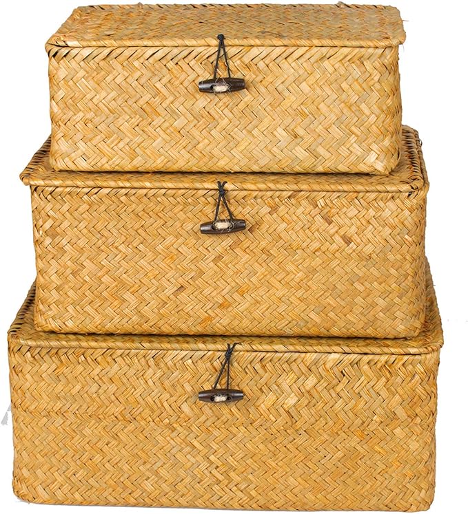 Yesland Shelf Baskets with Lid Set of 3, Handwoven Seagrass Storage Bins Box Rectangular Seagrass Basket Storage Organizer Wicker Basket for Shelf