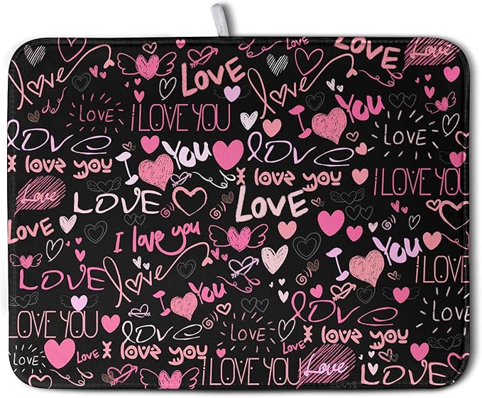 Mother's Day Dish Drying Mat for Kitchen Counter Love Heart Black Drying Mats Absorbent Reversible Microfiber Dish Pad Washable Dish Draining Mat Extra Large 18x24 Inch
