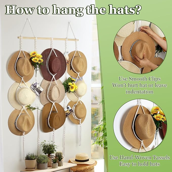 Macrame Hat Rack for Wall 31x53 in Hat Organizer with 15 Clips Hanging Hat Hangers for Wide Brimmed Hat Display Women Hat Storage Boho Hat Hanger Decorative Hat Holder for Fedora Cowboy Hat