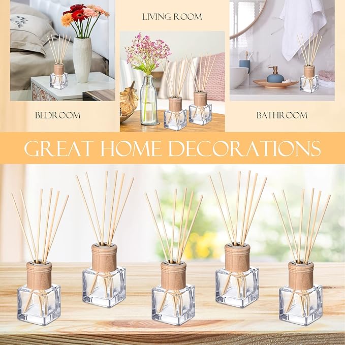 Roshtia 8 Set Reed Diffuser Bottle Empty Refillable Fragrance Glass Diffuser Bottles with Wooden Caps Rattan Sticks 50ml 1.7 oz Glass Jars for DIY Fragrance