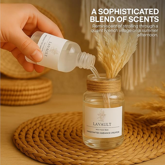 Flower Reed Diffuser Set for Home, Office, Living Room, Bedroom - Fragrance Gift Set - Bathroom Diffusers - Farmhouse Rustic Decor - Room Aroma Fresheners - French Block Scent