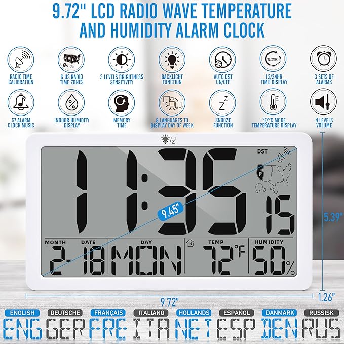 TXL Atomic Wall Clock with Backlight, Battery Operated Digital Wall Clock with Temperature, Humidity and Date, Large Display, Auto DST, 6 Time Zone(White)