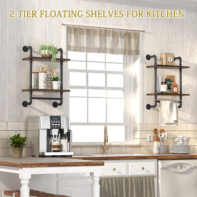 Helsin Industrial Pipe Floating Bathroom Shelves Wall Mounted with Towel bar, 2 Tier Rustic Wood Wall Shelf, 16inch Metal Towel Rack Storage Bookshelf for Bathroom, Kitchen, Farmhouse, Living Room