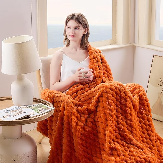 NEWCOSPLAY Super Soft Fall Twin Blanket Orange Premium Silky Flannel Fleece 3D Clouds Stylish Jacquard Lightweight Bed Blanket All Season Use 350GSM (Orange, Twin(60"x80"))