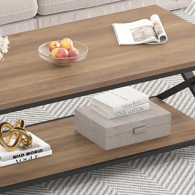 HSH Rustic Farmhouse Coffee Table, Modern Minimalist Wood and Metal Living Room Table, 2 Tie Rectangle Center Table with Storage & Display Shelf, Simple Office Cocktail Tea Table, Rustic Oak, 39 Inch