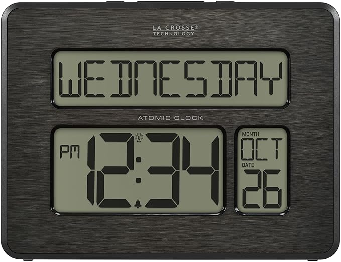 La Crosse Technology 513-1419C Atomic Digital Wall Clock with Calendar and Indoor Temperature