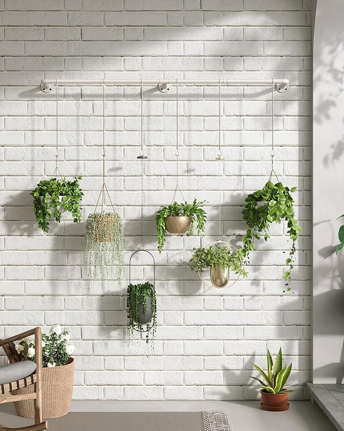Plant Hanger Indoor, Hanging Planters for Indoor Plants with 6 Hanging Chains, Wall Plant Hanging Rod for Window Ceiling, 65 Inch, Metal/White, Pots Not Included
