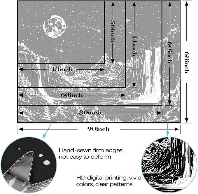 Lunerfex Starry Night Mountain Wall Tapestry - Black and White Celestial Landscape Wall Hanging for Bedroom and Living Room Decor - 3648 Inches