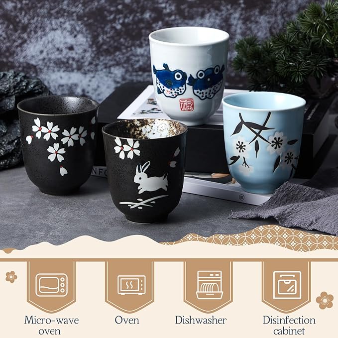4 Pcs Japanese Tea Cups Handle Less Ceramic Japanese Gifts Chinese Restaurant Teacups Japan Mug Souvenirs for Matcha Bancha Green Tea(6 oz,Puffer Fish)