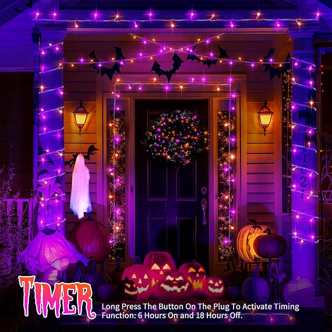 JXLEDAYY 66 FT 200 LED Halloween Lights Outdoor Decorations Waterproof Fairy String Lights Plug in with Remote Timer 8 Modes for Outside House Tree Bush Garden Yard Party Decor-Purple & Orange