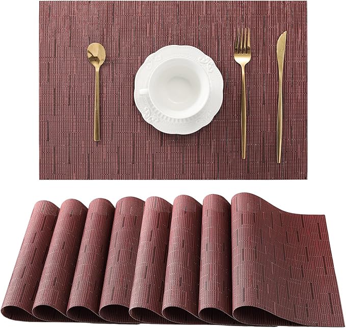 Leetaltree Burgundy Placemats Set of 8 - Heat Resistant Non-Slip Place mats for Dining Table, Washable Durable PVC Vinyl Woven Table Mats(Burgundy, 8)