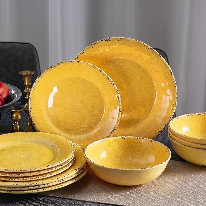 12-Piece Rustic Melamine Dinnerware Set With Dinner Plate, Salad Plate And Large Capacity All Purpose Bowls,Service for 4, Indoor And Outdoor Use, Yellow