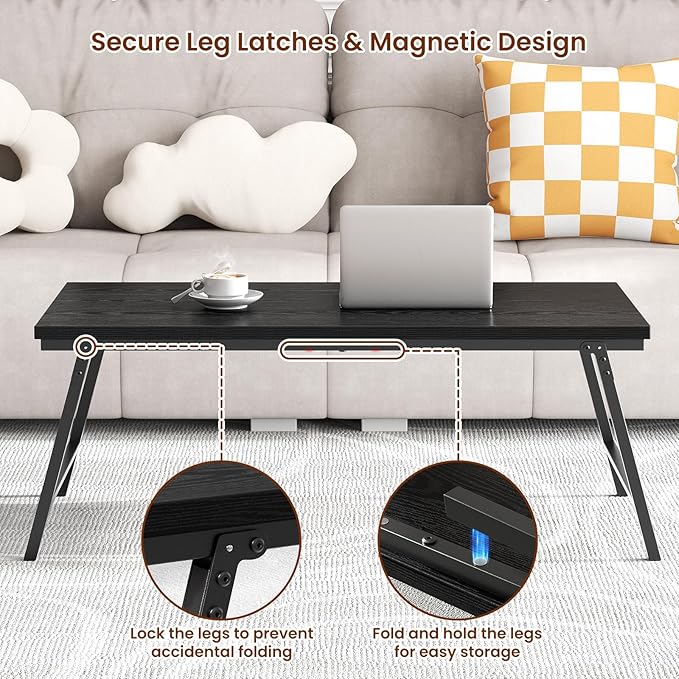 Folding Coffee Table for Small Spaces, Leg Latches Collapsible Foldable Coffee Table Portable Sturdy, No Assembly Low Tables for Living Room (Black, Opened Size: 41.34L×21.65W×15.75H)