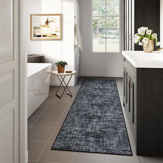 Lahome Black and White Runner Rug for Hallway 2x10, Washable Non-Slip Kitchen Bathroom Runner Rug, Soft Long Carpets for Lundry Entry Office Sliding Door