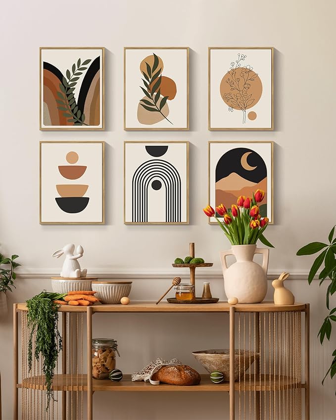 Drsoum Boho Wall Decor Framed Wood Wall Art Mid Century Modern Canvas Abstract Boho Room Decor Bohemian Painting for Bedroom Kitchen Office Home Decor 11x14in - Natural Framed