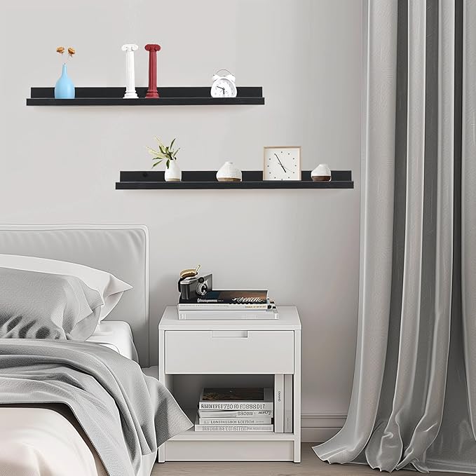 Muzilife 35.4" Large Floating Wall Ledge Shelves with Lip - Set of 2 Wood Floating Shelves - Black Wall Mounted Picture Ledge for Office, Bathroom, Bedroom, Living Room, Kitchen