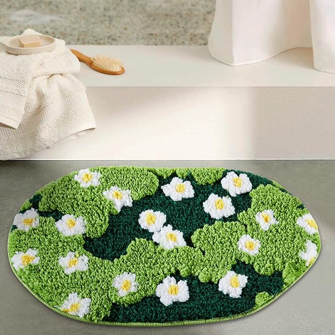 Cute Green Floral Bath Mat Microfiber Moss Bathroom Rug 20''W x 32''L Non Slip Washable, Modern Chic Boho Aesthetic Trendy Shaggy Bathroom Shower Floor Mat Absorbent