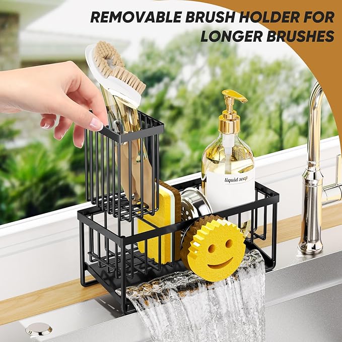 Sponge Holder for Kitchen Sink,Smiley Face Sink Caddy with Removable Brush Holder,Self-Draining Sponge Caddy for Steel Wool Scrubber,Soap,Dish Brush,Scrubber,Kitchen Essentials and Gadgets