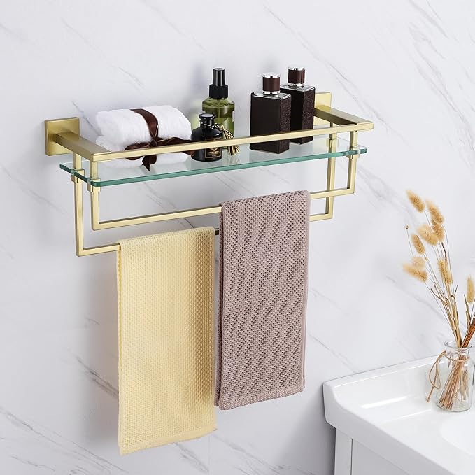 Bathroom Glass Shelf with Towel Bars 20-Inch Floating Tempered Glass Shelves with 2 Towel Rails Brushed Gold Cologne Shelf for Men Shower Bath Storage Glass Rack Wall Mount Heavy Duty,A7617BG