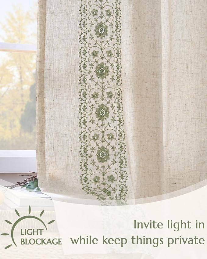 jinchan Boho Lined Linen Curtains for Bedroom Sage Green Vintage Floral Farmhouse Curtains 63 Inch Length Linen Blend Drapes for Living Room Embroidered Drapes Sage on Beige 2 Panels