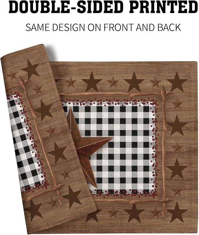 Western Texas Star Placemats for Dining Table Set of 4,Buffalo Plaid Country Wooden Plank Table Mats 18 x12 Inch Non-Slip Dining Table Place Mats for Party Kitchen Indoor Decor