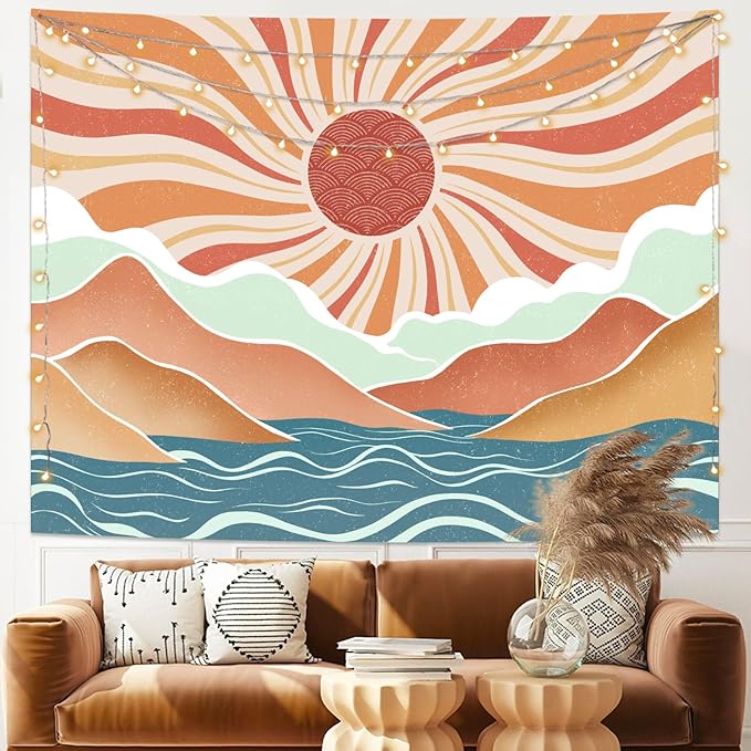 Lunerfex Boho Sun Tapestry Sunset Wall Tapestry, Mountain Tapestries for Bedroom 80s Tapestries Wall Hanging for Bedroom Living Room Wall Decor Boho-2 70"x90"